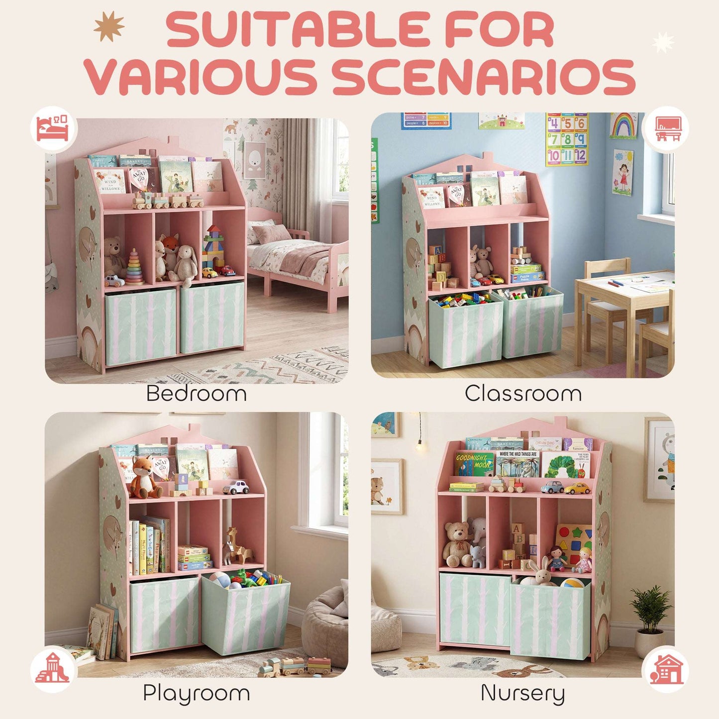AIYAPLAY Kids Bookshelf with Storage, Toy Storage Unit with Book Display, Shelves and Fabric Drawers for Playroom Nursery, Pink