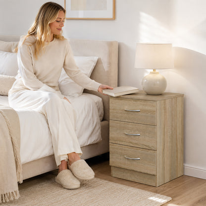 3-Drawer Bedside Table with Aluminium Handles & Wooden Glides | Oak Tone Melamine Finish | Non-Slip Pads | 40x35x58cm | 50kg Capacity | 10kg Per Drawer | Particleboard | Assembly Required