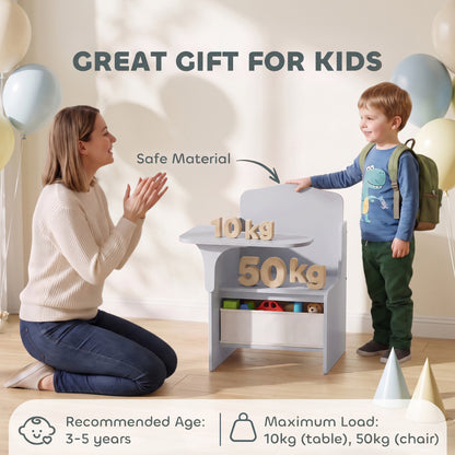 Kids Table and Chair Set | Grey Children's Desk with Storage Bin for Ages 3-5 | 2-in-1 Creative Activity Furniture