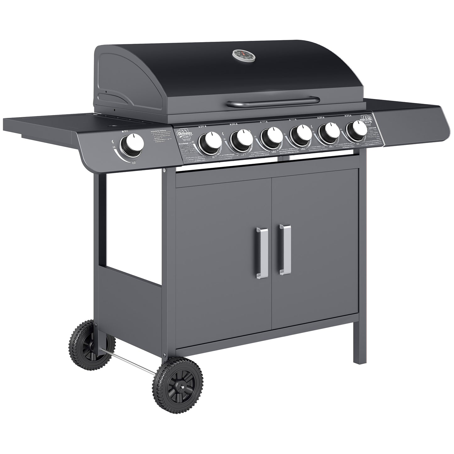 6+1 Burner Gas BBQ Grill, Outdoor Barbecue Trolley with Wheels, Warming Rack, Side Shelves, Cabinet, Thermometer for Garden, Party, Camping