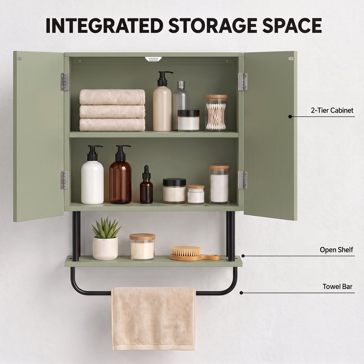 Bathroom Wall Cabinet | Modern Space Saver | Wall Mounted | Double Door Storage | Open Shelf | Towel Rail | Green
