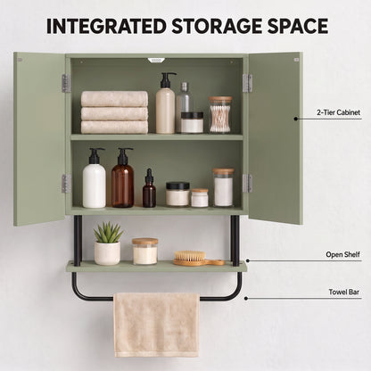 Bathroom Wall Cabinet | Modern Space Saver | Wall Mounted | Double Door Storage | Open Shelf | Towel Rail | Green