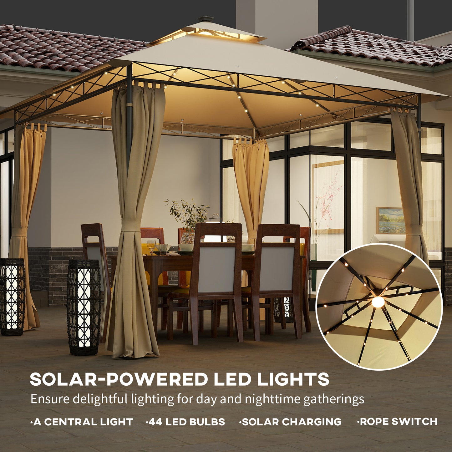 3 x 3 m Garden Gazebo, Double Roof Metal Gazebo with Curtains and Solar-Powered LED Lights, Outdoor Gazebo Canopy Shelter for Patio, Deck