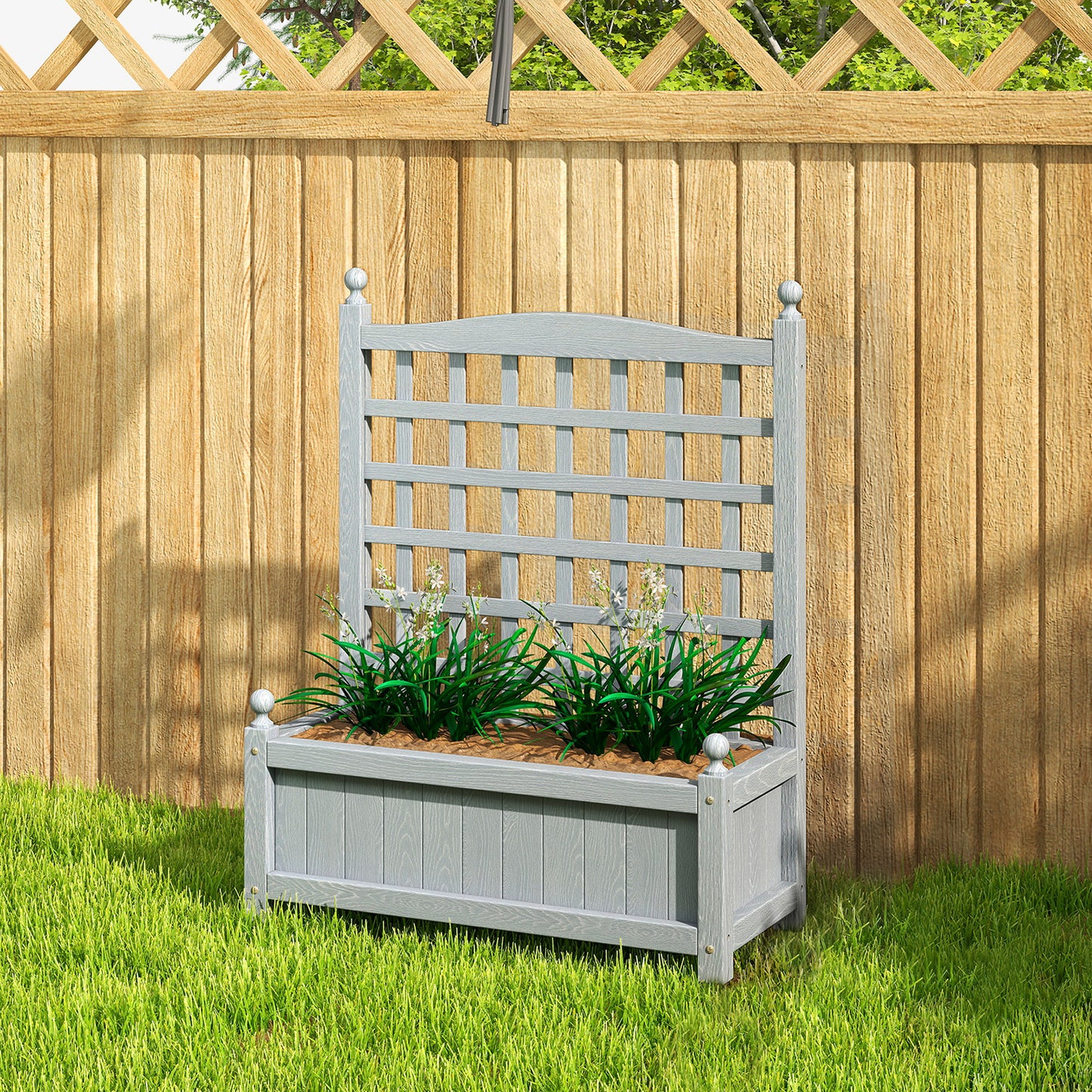 Fir Wood Planter with Back Trellis | 2-in-1 Design | 50kg Capacity | 2 Drainage Holes | Indoor & Outdoor Use | 64x28x75cm | Grey