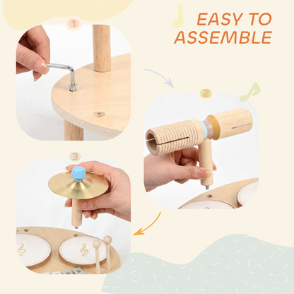 Baby Drum Kit – 4-in-1 Wooden Musical Instruments, 3 Drums, 8-Note Xylophone, Cymbals & Dual-Tone Block, EN71 Tested, Gift-Ready, Ages 2+
