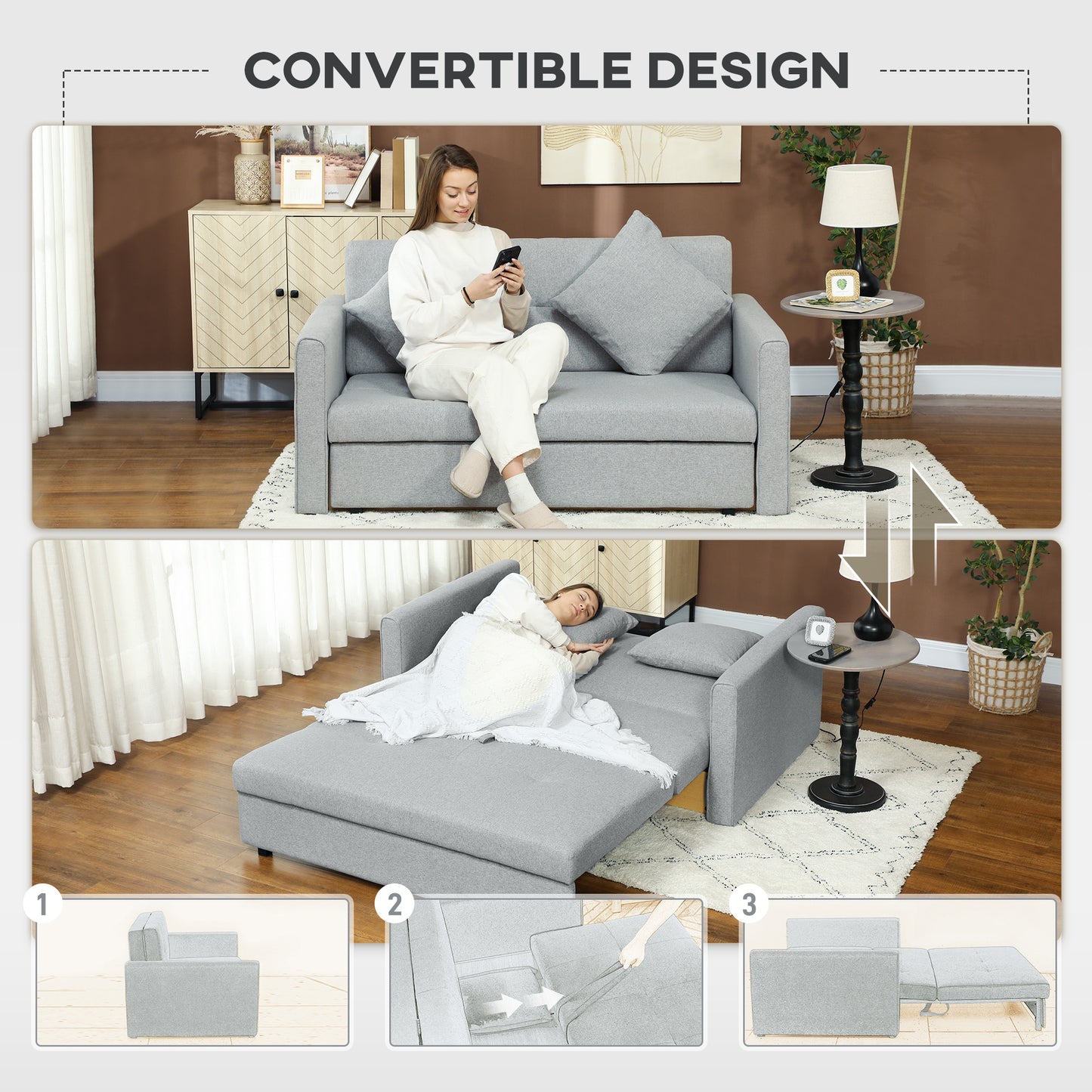 2 Seater Sofa Bed, Convertible Bed Settee, Modern Fabric Loveseat Sofa Couch with 2 Cushions, Hidden Storage for Living Room, Guest Room