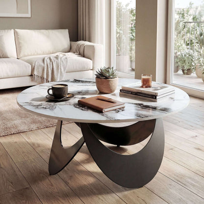 Sintered Stone Coffee Table | 80x80x40cm | Heat-Resistant | Impermeable | Welded Metal Frame | Adjustable Feet | White & Black