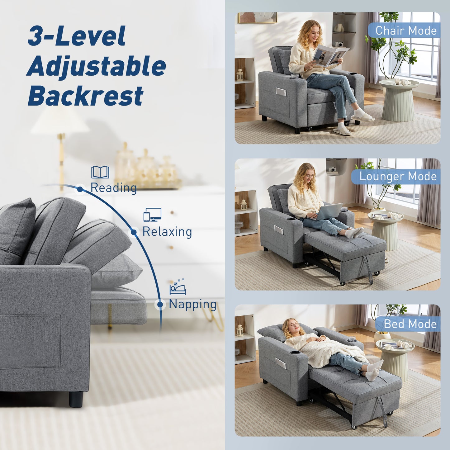 3-in-1 Single Sofa Bed | Armchair | Recliner | Sleeper | 95x190cm | 12cm Mattress | Cup Holders & Side Pockets | Pillow | 120kg | Dark Grey