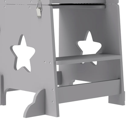 2-in-1 Toddler Step Stool & Table Chair Set | Safety Rail | Solid Pinewood & MDF | EN71 Certified | 30kg Capacity | Ages 3–6 | Kitchen Bathroom & Bedroom | Grey