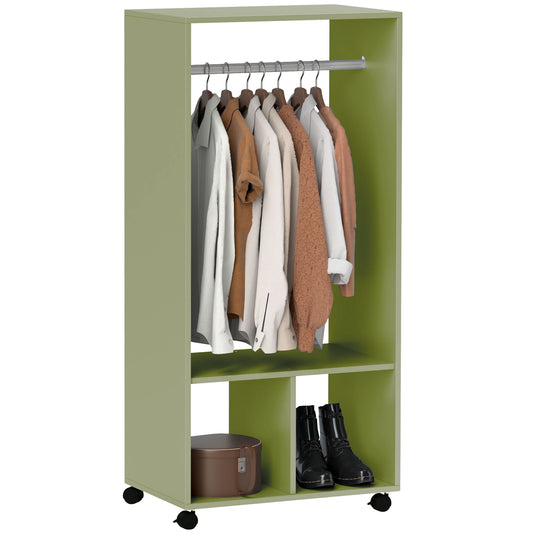 Open Wardrobe for Bedroom, Small Wardrobe on Wheels with Clothes Rail, Storage Shelves, Mobile Garment Rack for Clothes Storage- Green