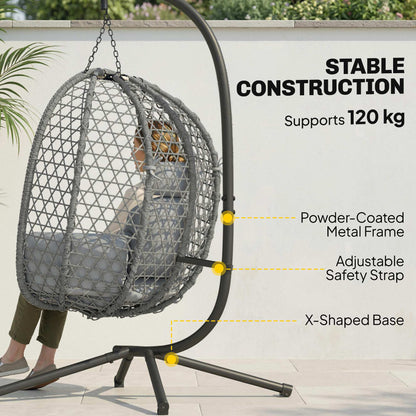 Hanging Egg Chair | Handwoven Rattan | Foldable Basket | 15cm Cushion & Headrest | Dark Grey
