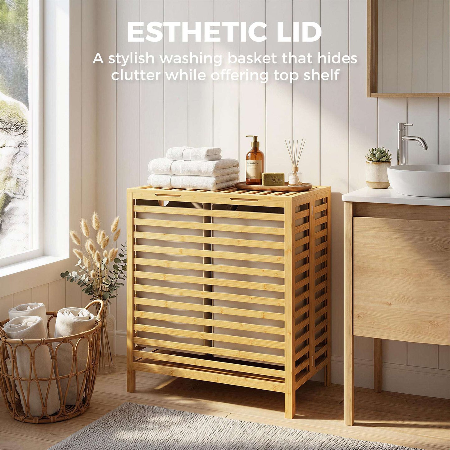 Bamboo Laundry Basket | Double 64L | 2 Washable Oxford Bags | Lid | Top Shelf | Foldable | 30kg | Natural & Cream White