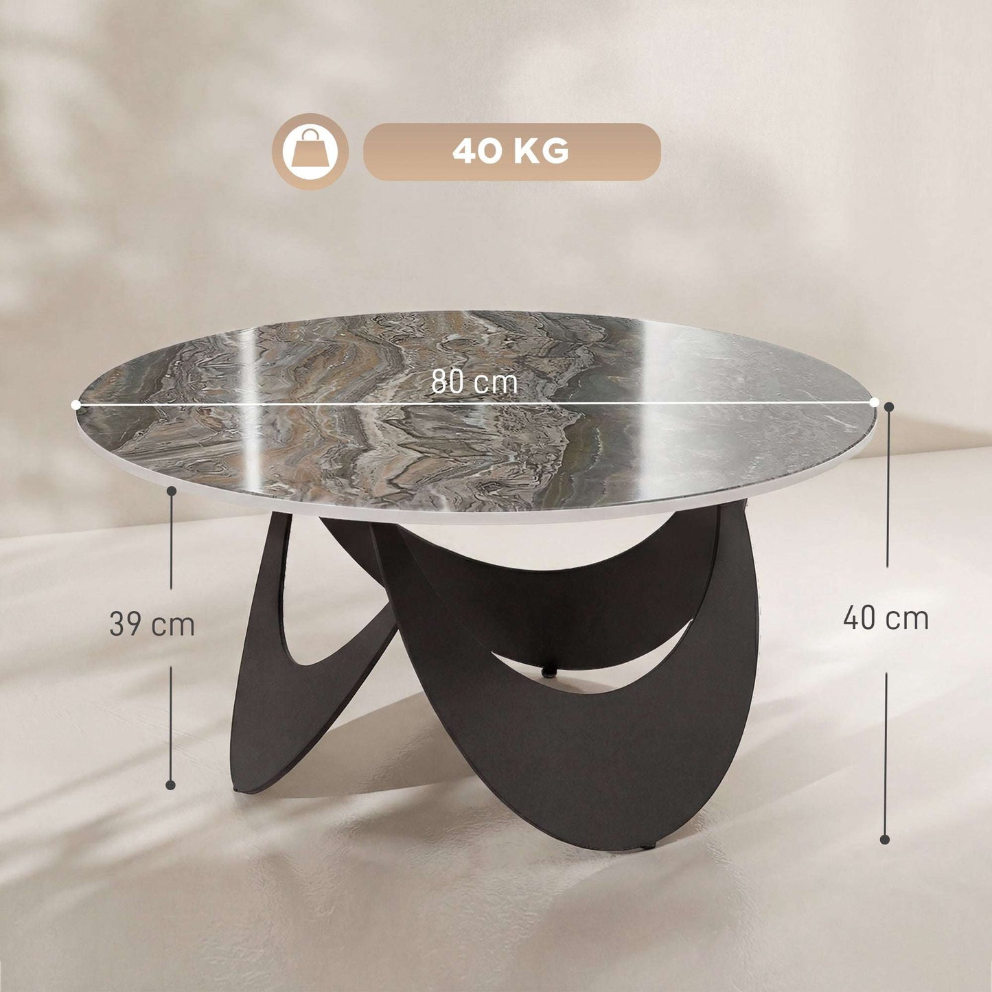 Sintered Stone Coffee Table | 80x80x40cm | Heat Resistant | Water-Glazed | Welded Metal Frame | Adjustable Feet | 40kg | Brown & Black