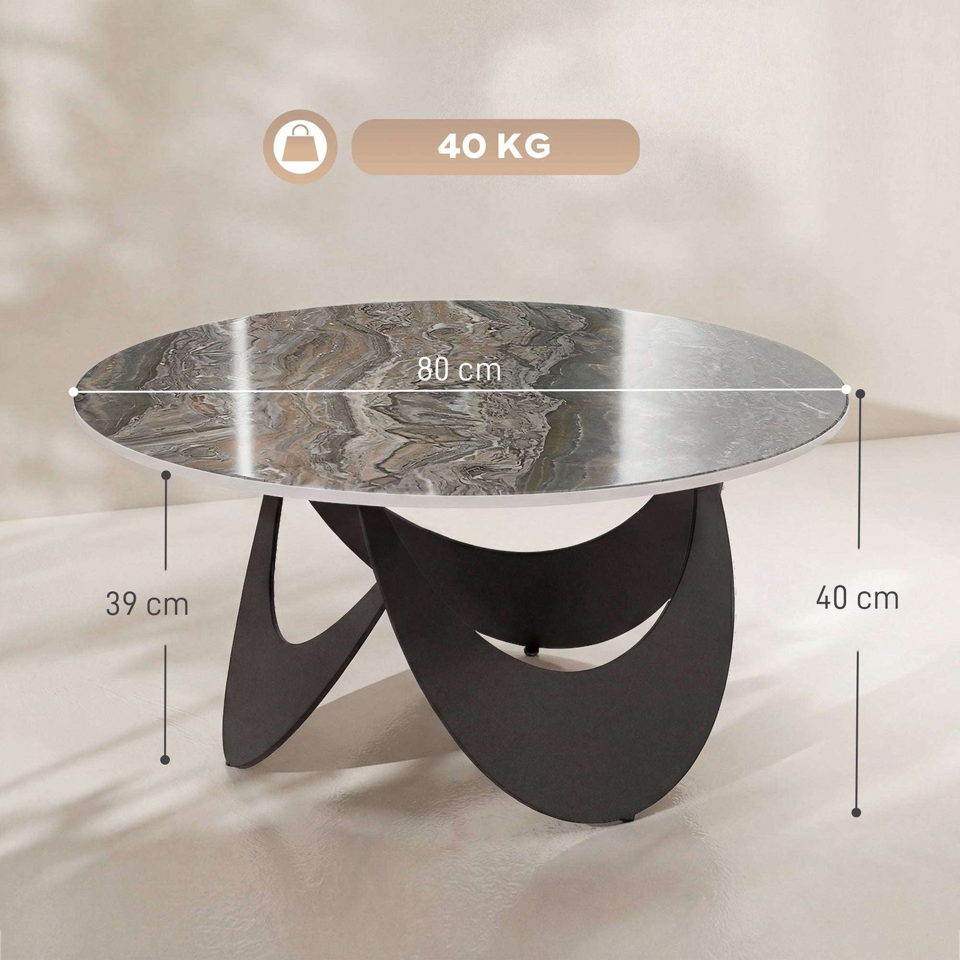 Sintered Stone Coffee Table | 80x80x40cm | Heat Resistant | Water-Glazed | Welded Metal Frame | Adjustable Feet | 40kg | Brown & Black