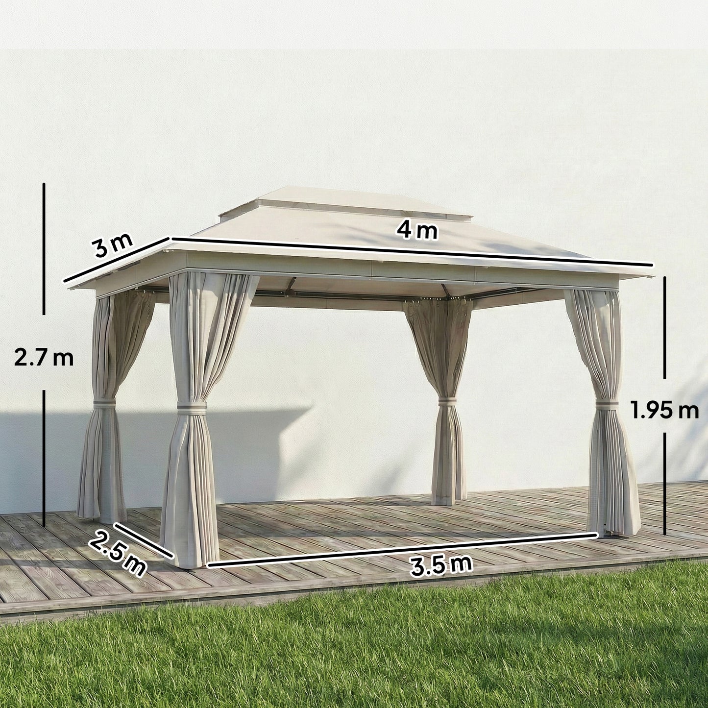 4x3m Permanent Garden Gazebo & Pavilion | UPF50+ | Privacy Curtains | Mesh Netting | Drainage | Metal Frame | Beige