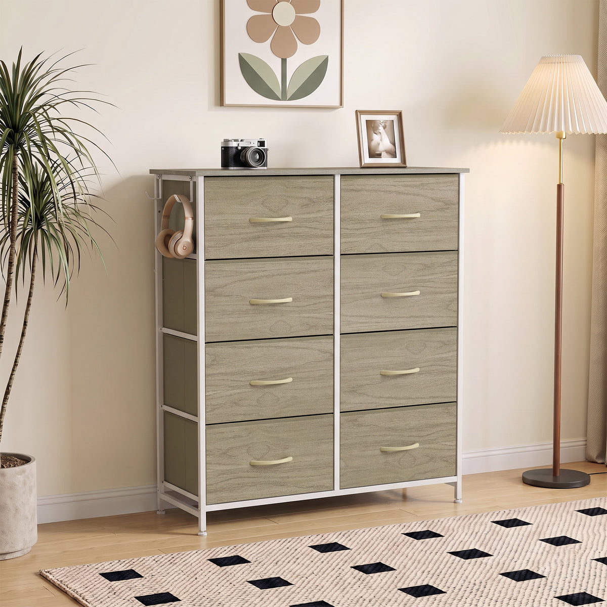 Chest of 8 Fabric Drawers | Natural Wood Rustic Brown Grey | Non-Woven Fabric Steel | 80x30x94.5cm | 30kg | Side Pocket 2 Hooks | X-Bar Frame | Anti-Tip Kit | Foldable Drawers | Bedroom