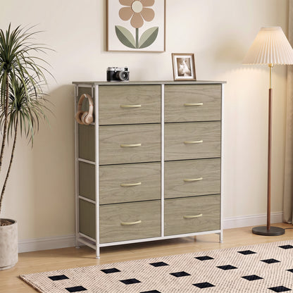 Chest of 8 Fabric Drawers | Natural Wood Rustic Brown Grey | Non-Woven Fabric Steel | 80x30x94.5cm | 30kg | Side Pocket 2 Hooks | X-Bar Frame | Anti-Tip Kit | Foldable Drawers | Bedroom
