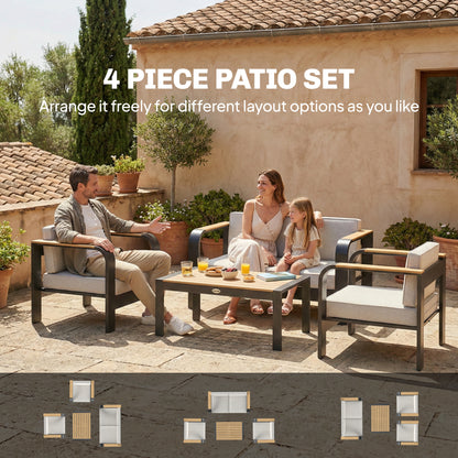 4-Piece 4-Seater Aluminium Garden Sofa Set | 68cm Deep Seats | 200GSM Olefin Cushions | WPC Armrests & Table | 240kg | Beige