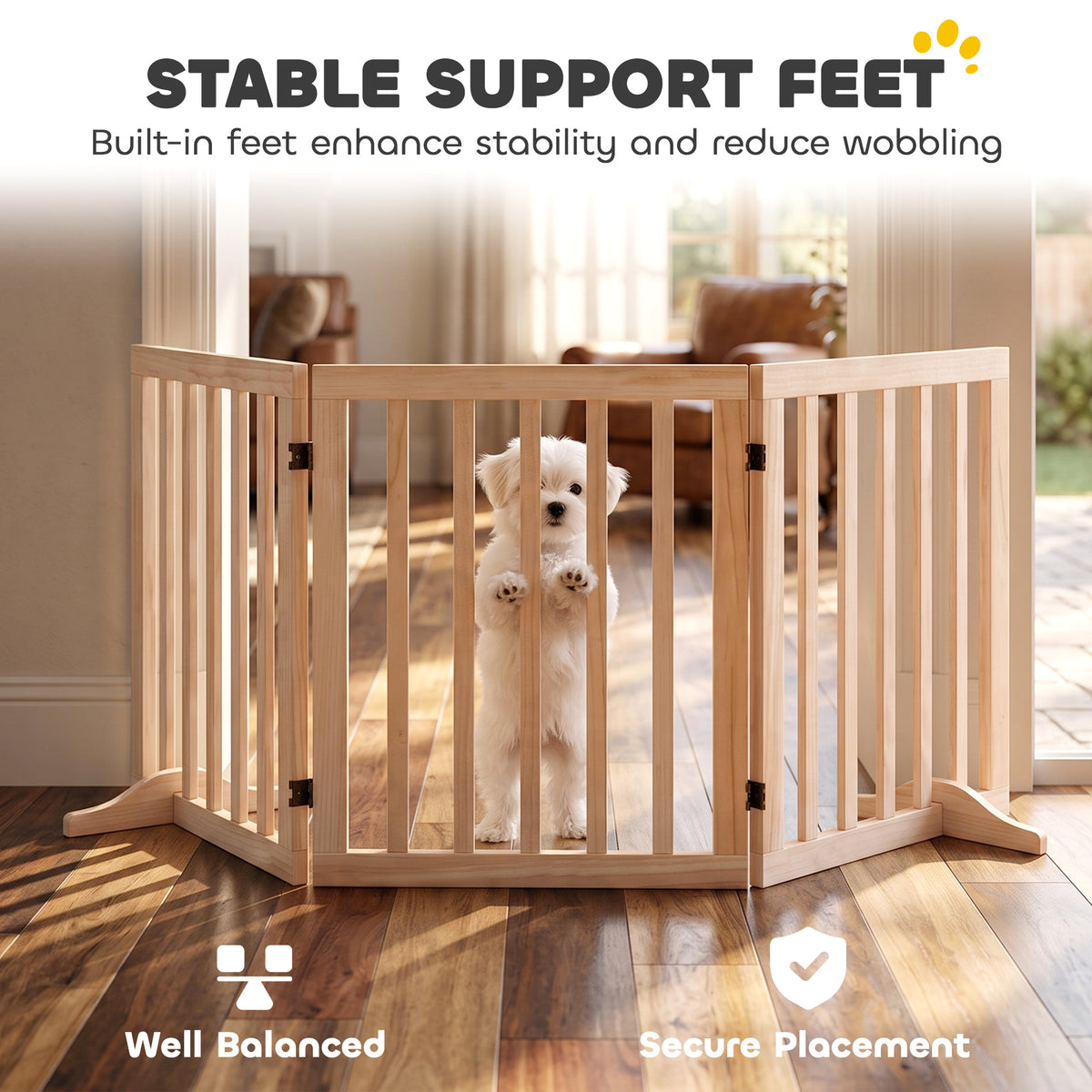 3-Panel Freestanding Wooden Dog Gate | Adjusts 30–140cm | 360° Hinges | Solid Pine Wood | No Drill | Support Feet | 47mm Bar Gap | Small Dogs Under 10kg | Natural Wood Finish | 150x36x61cm | No Assembly