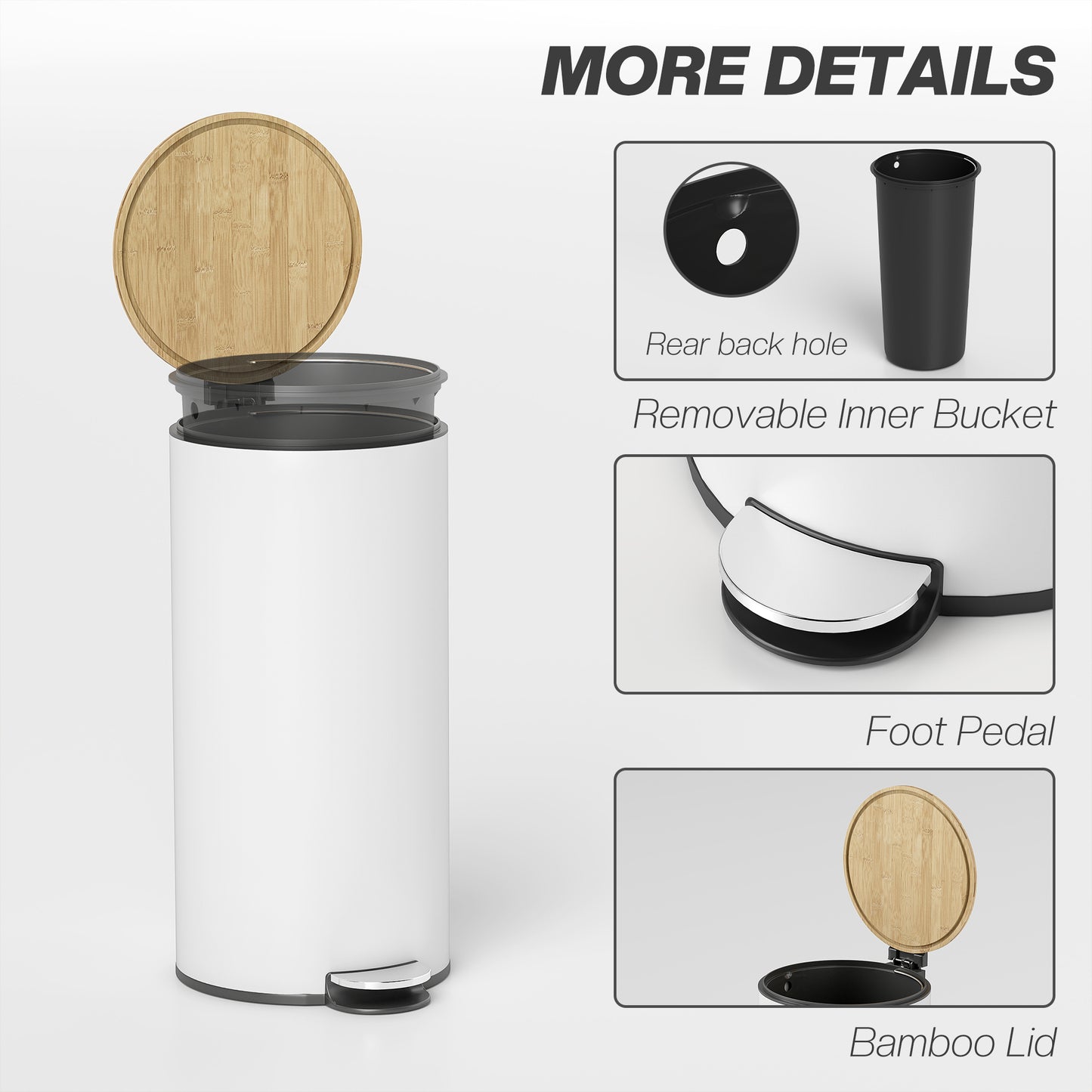 30L Kitchen Pedal Bin | Soft-Close Bamboo Lid | Removable Inner Bucket | Lid Stay-Open | Fingerprint-Proof | Metal & PP | Fully Assembled | 36x30x60.5cm | White & Natural