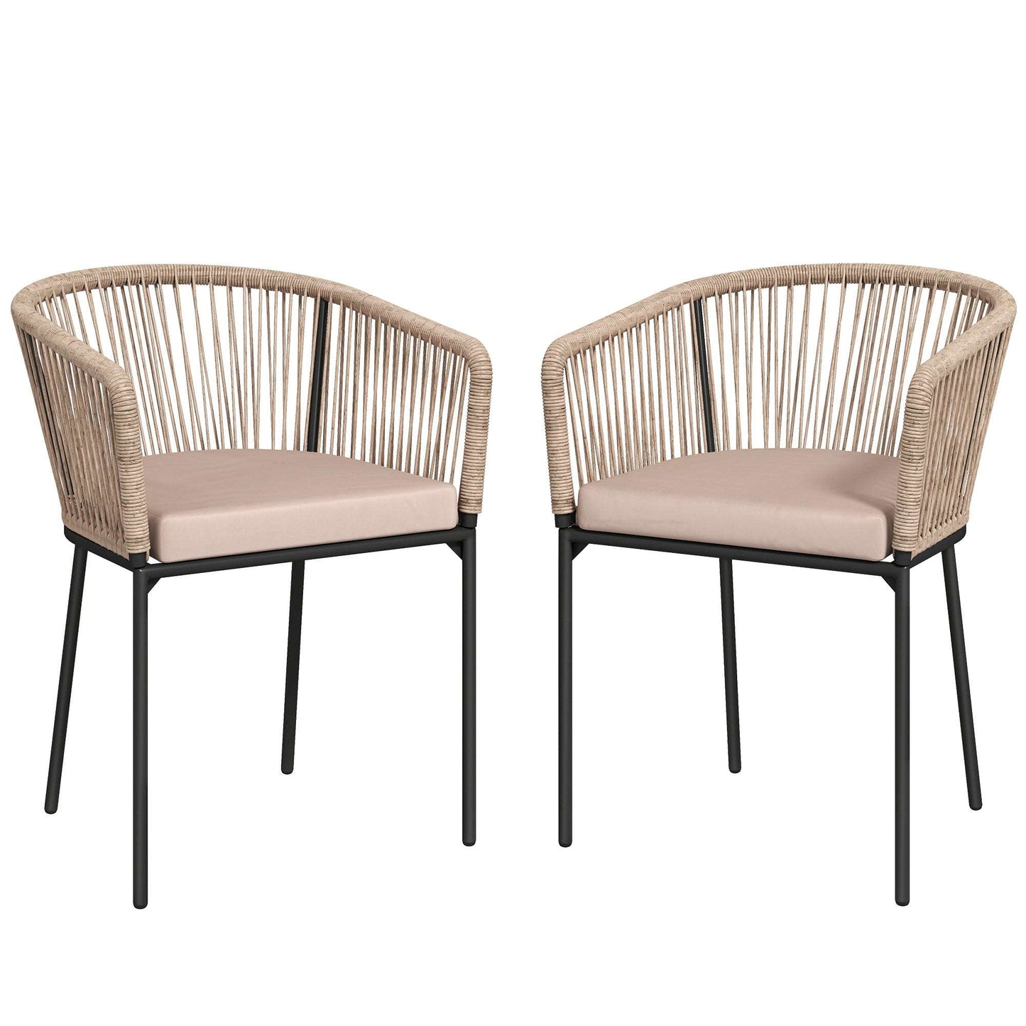 Set of 2 Rattan Garden Dining Chairs | Cushions | Wraparound Armrests | Natural Wood Finish