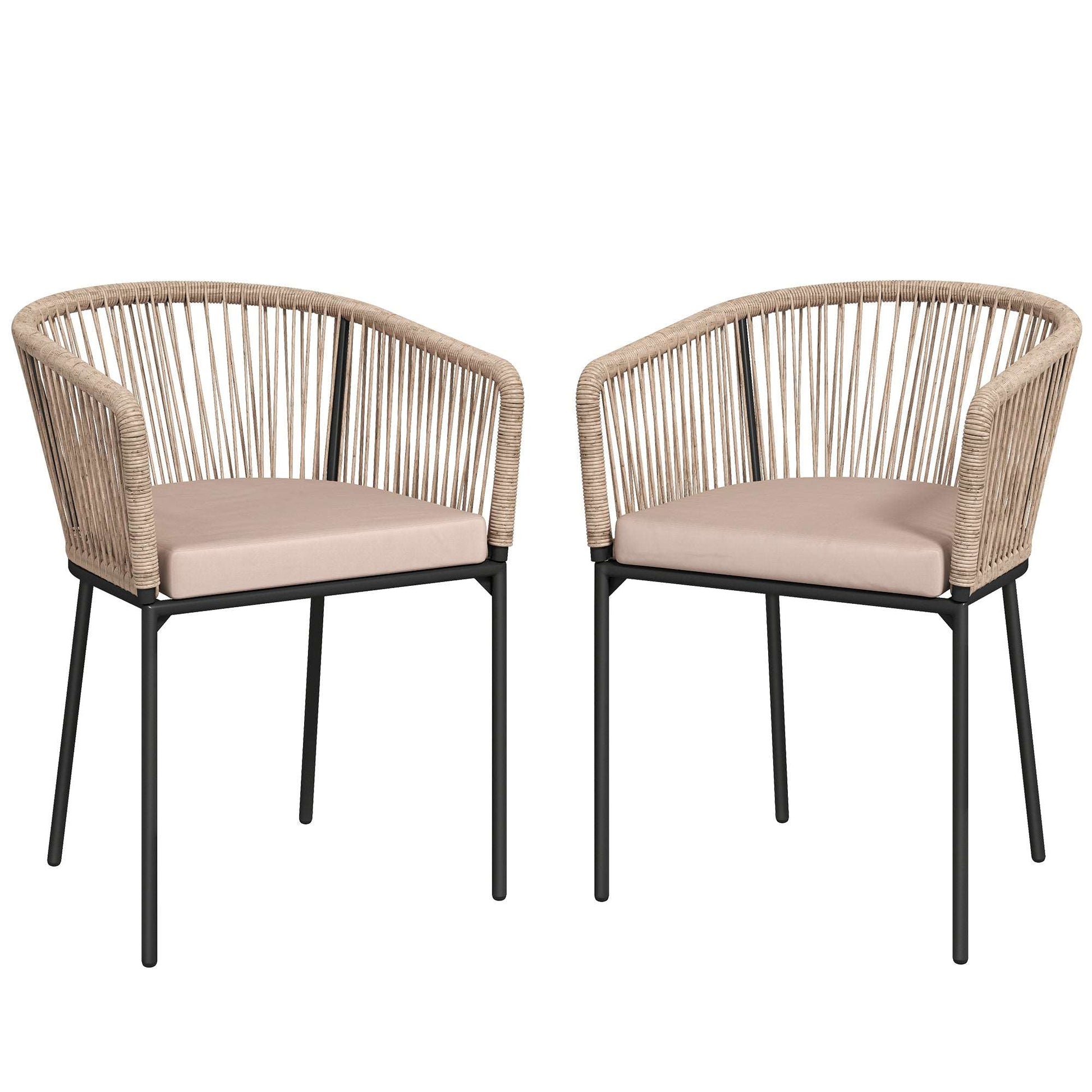 Set of 2 Rattan Garden Dining Chairs | Cushions | Wraparound Armrests | Natural Wood Finish