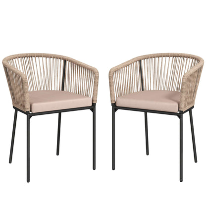 Set of 2 Rattan Garden Dining Chairs | Cushions | Wraparound Armrests | Natural Wood Finish