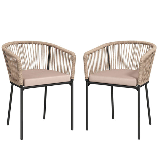 Set of 2 Rattan Garden Dining Chairs | Cushions | Wraparound Armrests | Natural Wood Finish