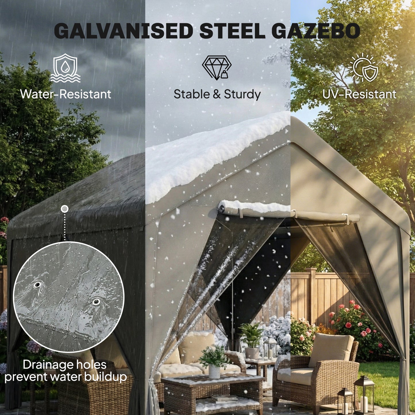 3x3m Garden Gazebo | Dual-Layer Sidewalls | Mesh Netting & Curtains | UV30+ PVC-Coated Apex Roof | 2 Roll-Up Doors & 2 Side Doors | Galvanised Steel Frame | Seats 6-9 | 295x300x278cm | Dark Grey