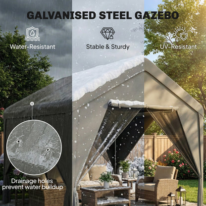 3x3m Garden Gazebo | Dual-Layer Sidewalls | Mesh Netting & Curtains | UV30+ PVC-Coated Apex Roof | 2 Roll-Up Doors & 2 Side Doors | Galvanised Steel Frame | Seats 6-9 | 295x300x278cm | Dark Grey