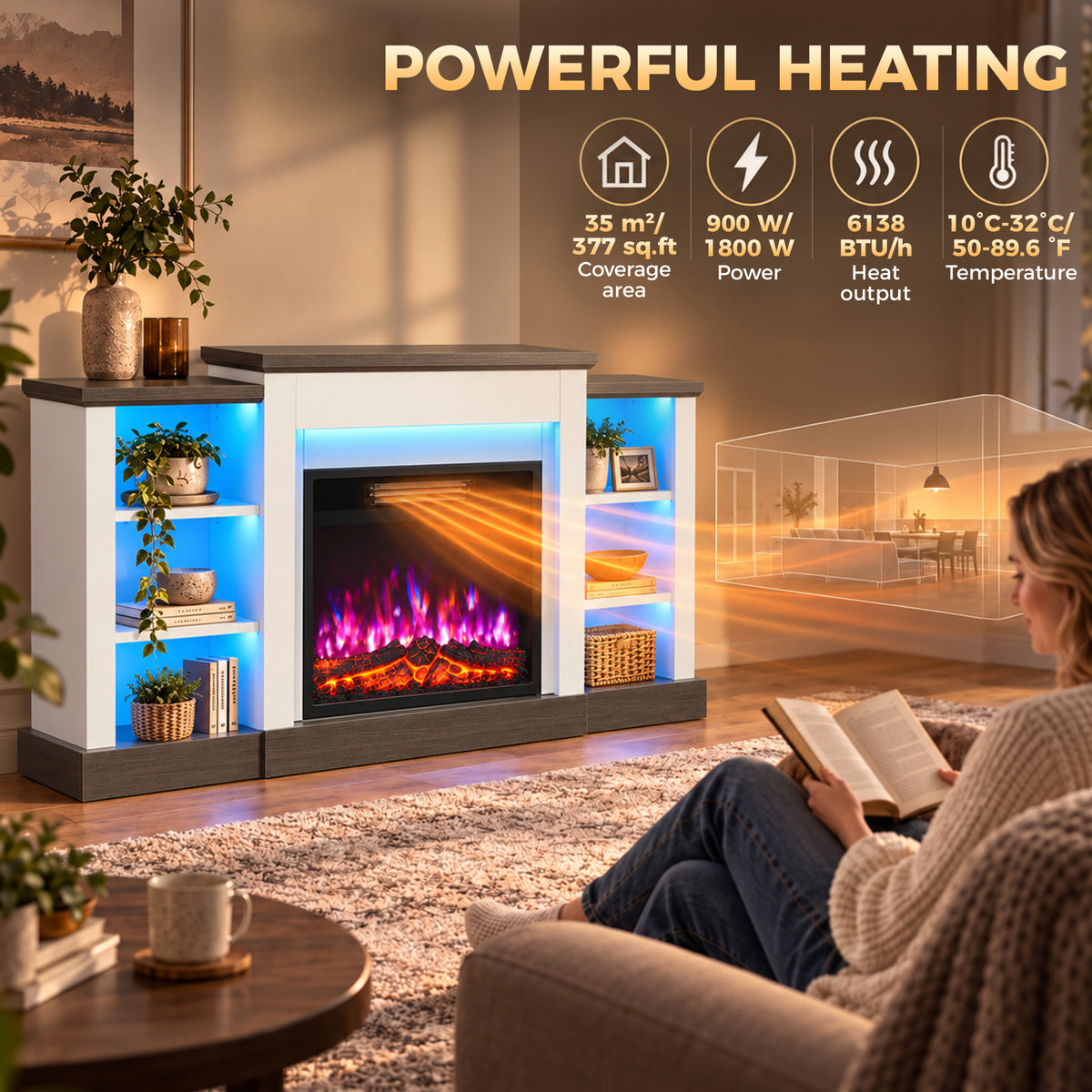 138cm Electric Fireplace TV Stand | 6 Shelves, RGB LED Lighting & 12 Flame Colours | 900/1800W, Thermostat, Remote & Timer | White/Dark Brown