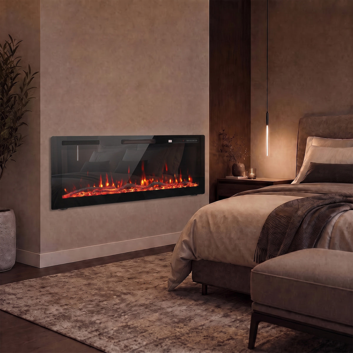 107cm Slim Electric Fireplace | Wall Mounted, Recessed or Freestanding | 900/1800W, 12 Flame Colours, Remote, ECO & 7-Day Timer | Black