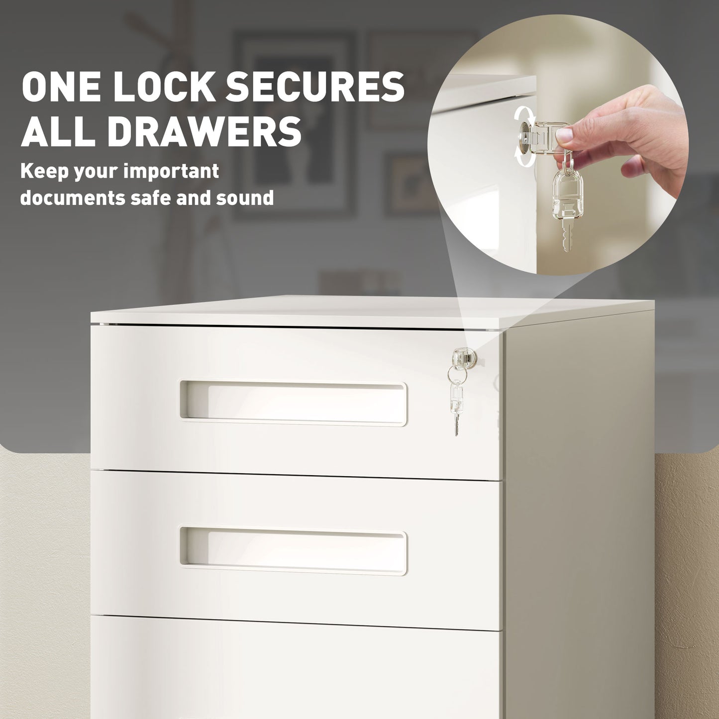3 Drawer Mobile Metal Filing Cabinet | Under Desk | 39x48x60cm | Lockable | A4 Legal Letter | Pencil Tray | 4 Wheels 2 Brakes | Pre-Assembled | 30kg | White
