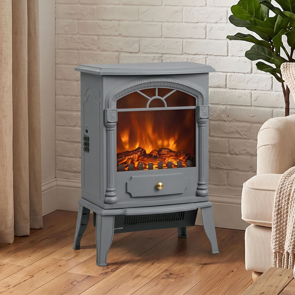 Freestanding Electric Fireplace Heater | 3D Flame Effect | 1000W/2000W | Adjustable Thermostat | Grey & White
