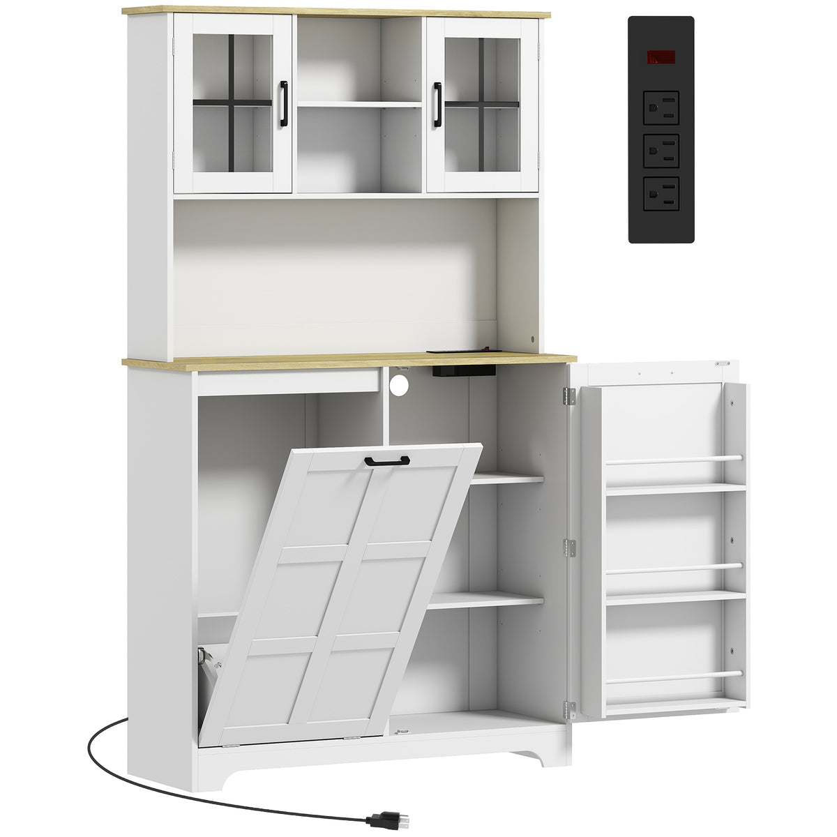175cm Tall Kitchen Cabinet | Bin Cabinet | Acrylic Doors | 3 AC Outlets | Adjustable Shelves | 141kg | 100x35x175cm | White