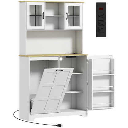 175cm Tall Kitchen Cabinet | Bin Cabinet | Acrylic Doors | 3 AC Outlets | Adjustable Shelves | 141kg | 100x35x175cm | White