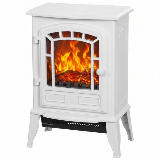 Electric Fireplace Stove | White Freestanding 2000W LED Flame Heater with Adjustable Thermostat
