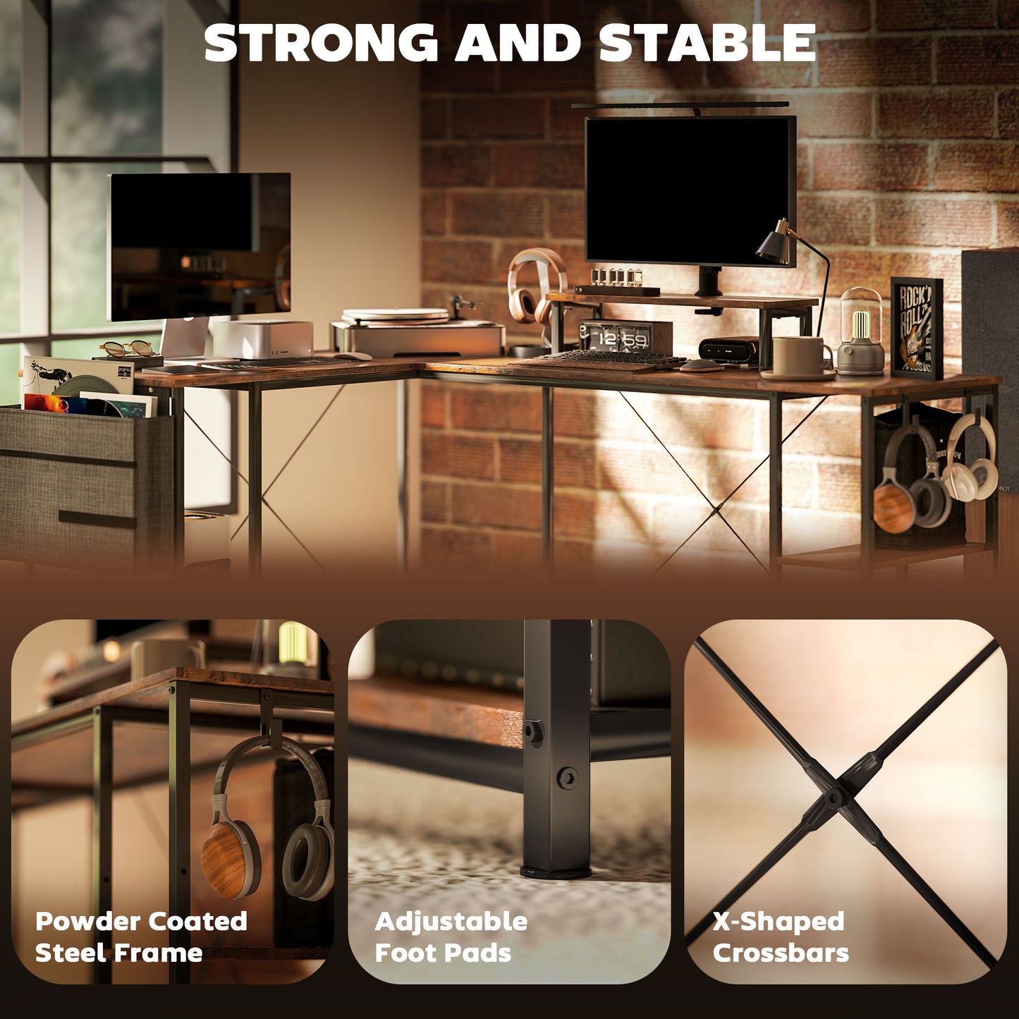 168cm Reversible L Shaped Desk, Industrial Corner Computer Desk with Adjustable Shelf and Storage Bag, 240cm 2 Person Desk with Monitor Stand