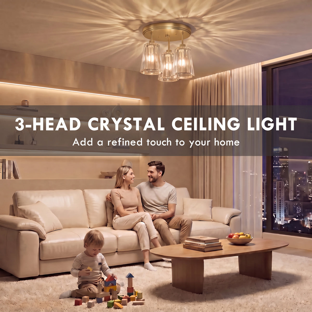 3-Light Crystal Glass Ceiling Light | Triple E27 Sockets | Clear Crystal Shades | Ø32cm | 40–120W | 220–240V | Hallway Bedroom Living Room | Bulbs Not Included | Gold Tone