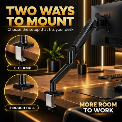 Single Monitor Arm | Up to 32 Inch & 10kg | Gas Spring Height Adjustment, Tilt, Swivel & 360° Rotation | Black Steel