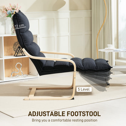 Wood Lounge Chair, Upholstered Recliner Lounge Seat with Adjustable Footrest, Armchair for Living Room, Bedroom, Balcony, Office, Black