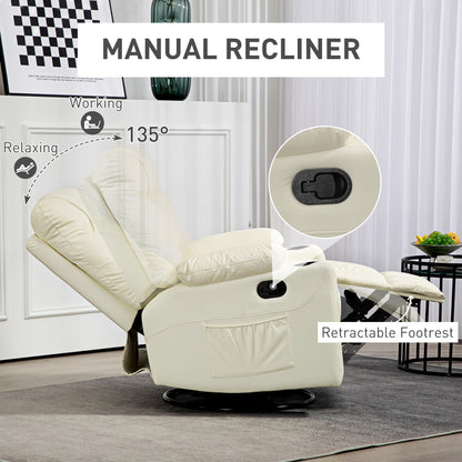 Manual Reclining Chair, Recliner Armchair with Swivel, Faux Leather, Footrest, Cup Holders, 86x93x102cm, Cream