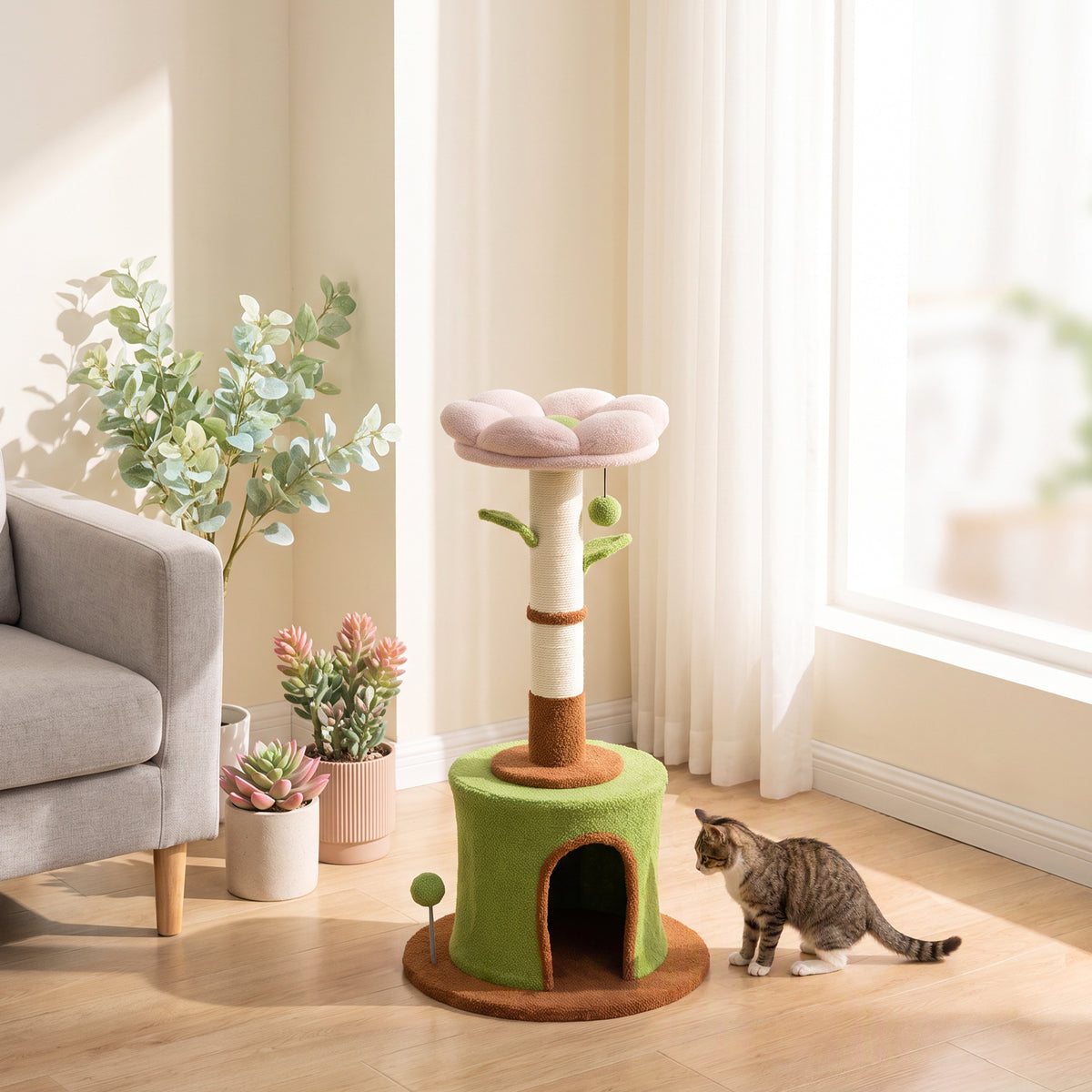 PawHut 88cm Flower Cat Tree | Condo & Plush Bed | Sisal Scratching Post | 3 Tiers | 2 Toy Balls & 2 Crinkle Leaves | 270g Plush | Peach Velvet | Freestanding | 48x48x88cm | 5kg Max | Green Pink Brown Beige