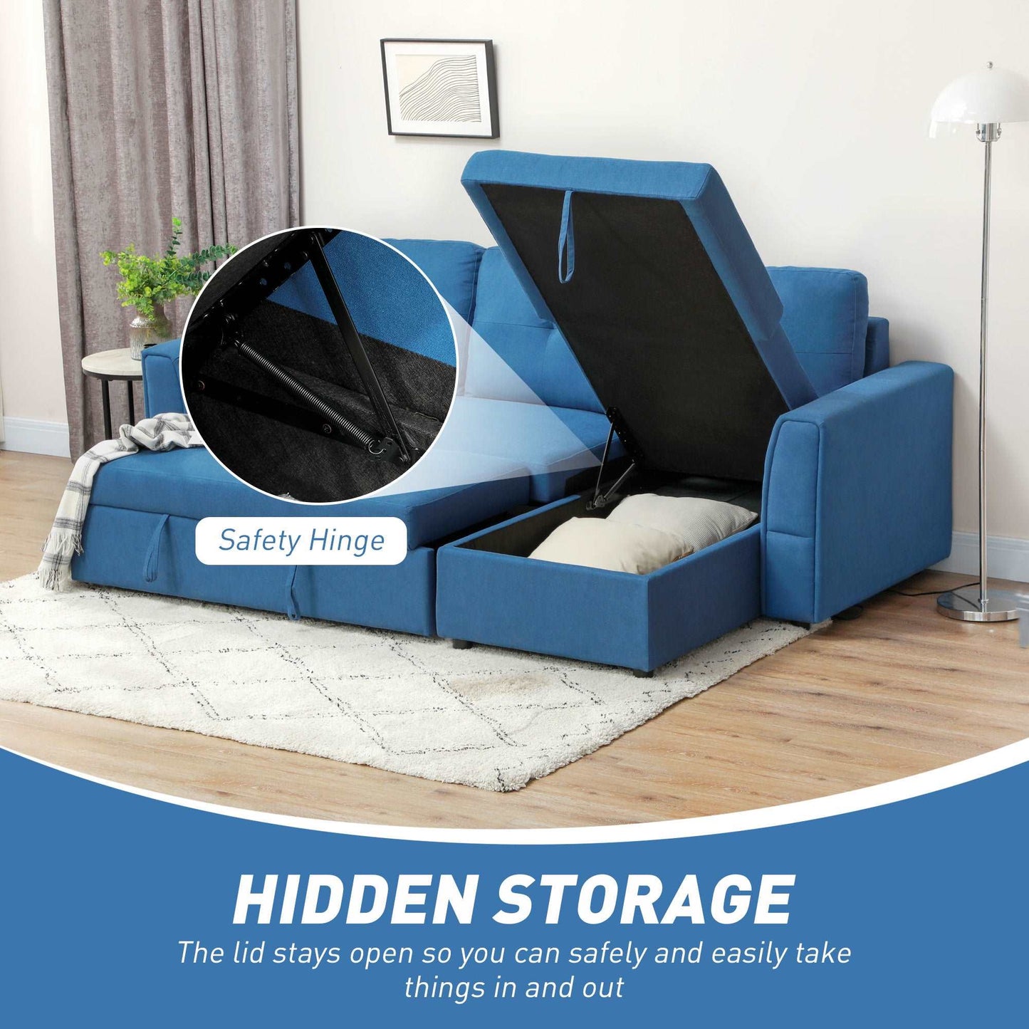3 Seater Sofa Bed, L-Shaped Corner Pull Out Sofa with Storage, Convertible Click Clack Settee Sectional Sleeper Futon - Dark Blue