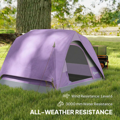 3-4 Person Dome Camping Tent | Sewn-In PE Groundsheet | 3000mm Waterproof | 3-Sided Mesh Windows | Ceiling Hook | Windproof Level 6 | Carrying Bag | 2x2x1.35m | Purple & Grey