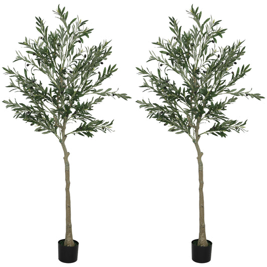 Set of 2 6ft/ 180cm Decorative Artificial Plant, Silk Olive Tree with 900 Leaves and 40 Olive Fruits in Pot, Fake Plant for Home, Office, Living Room, Indoor Decor