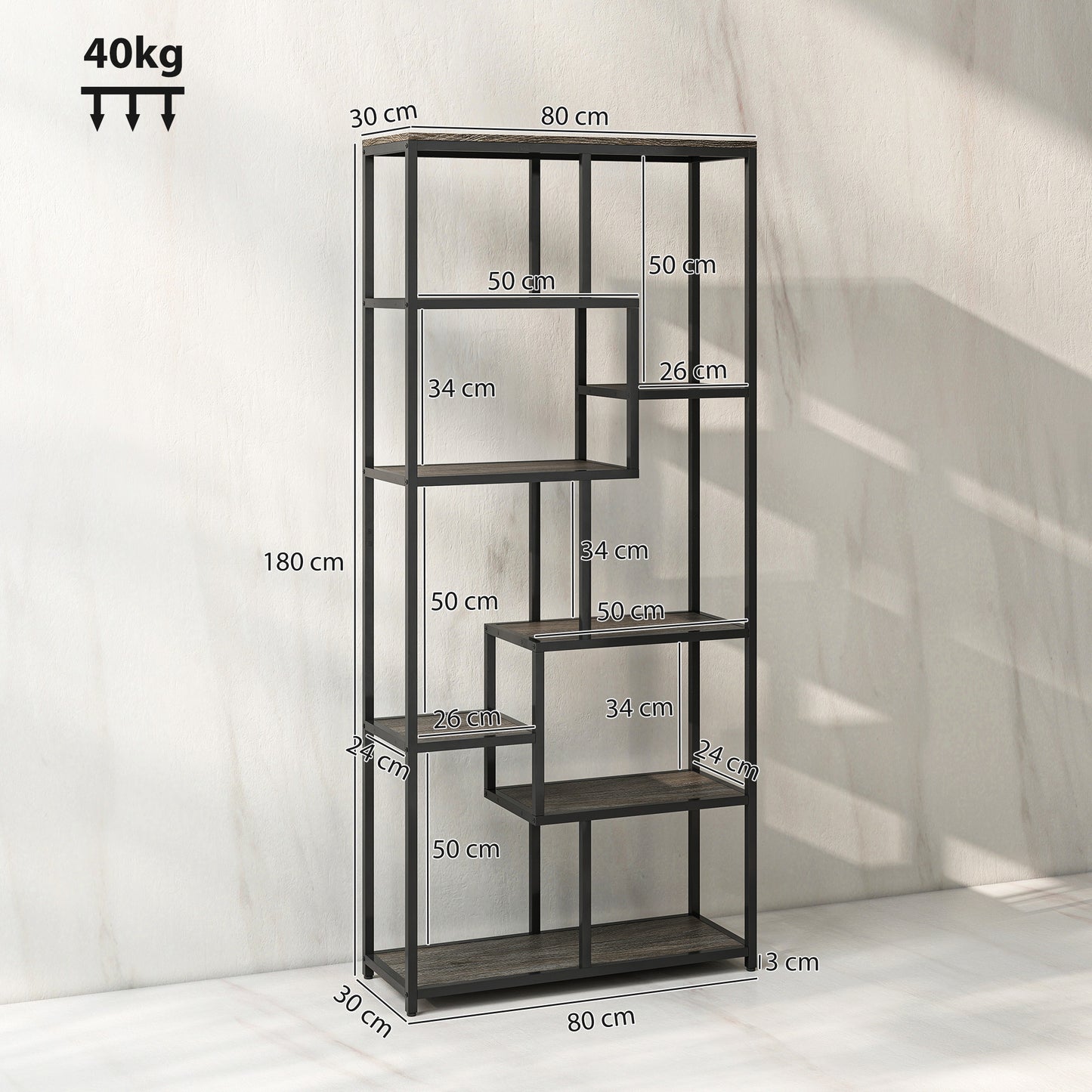 Seven-Tier Geometric Bookcase - Grey/Black