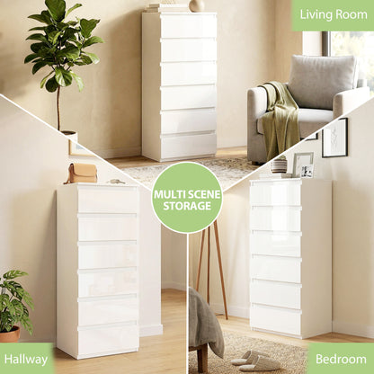 Slim 6-Drawer Chest | High-Gloss White Tallboy with Handle-Free Fronts & Wall Anti-Tip Kit | MDF Bedroom Storage | 40W × 35D × 109Hcm