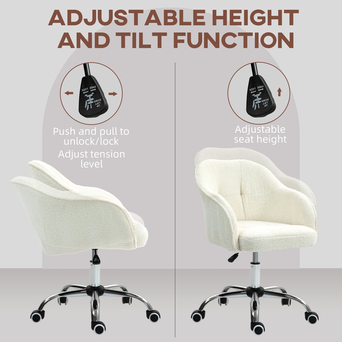 Computer Desk Chair, Fluffy Fabric Swivel Office Makeup Vanity Chair with Height Adjustable, Wheels, for Bedroom, Cream White