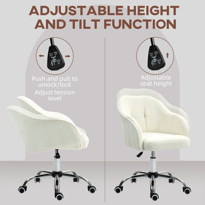 Computer Desk Chair, Fluffy Fabric Swivel Office Makeup Vanity Chair with Height Adjustable, Wheels, for Bedroom, Cream White
